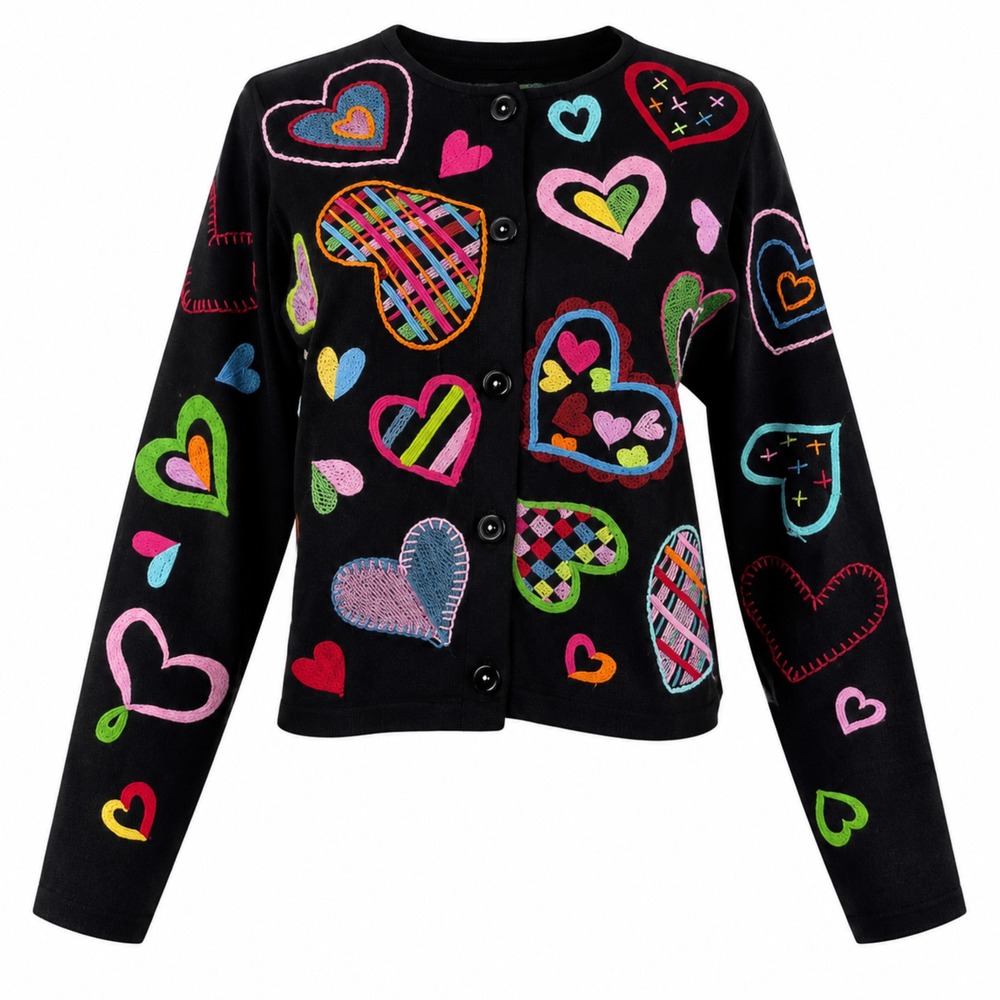Michael Simon Vintage Heart Motif Embroidered Black Cardigan